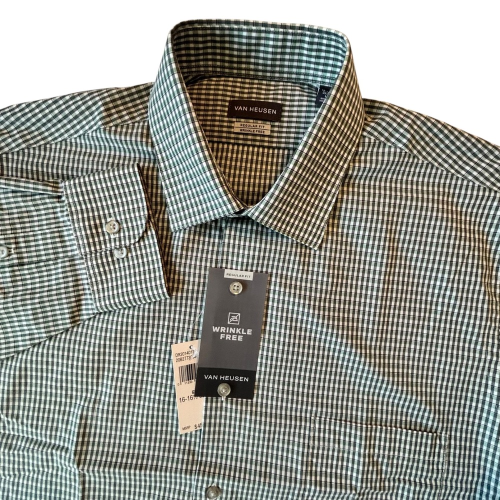 Van Heusen Mens Green Gingham Wrinkle Free Regular Fit Shirt 16-16.5 32/33 L NWT